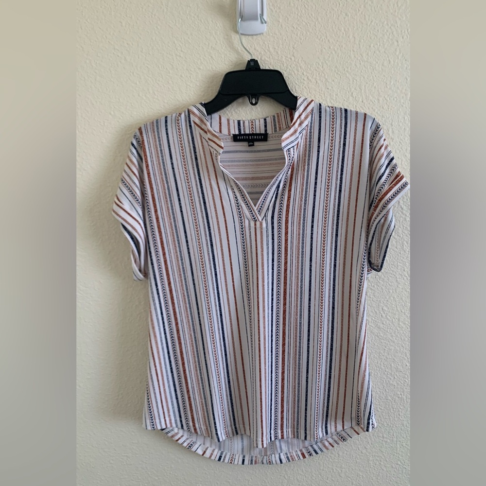 Elegant Striped Blouse in White, Navy and Brown
